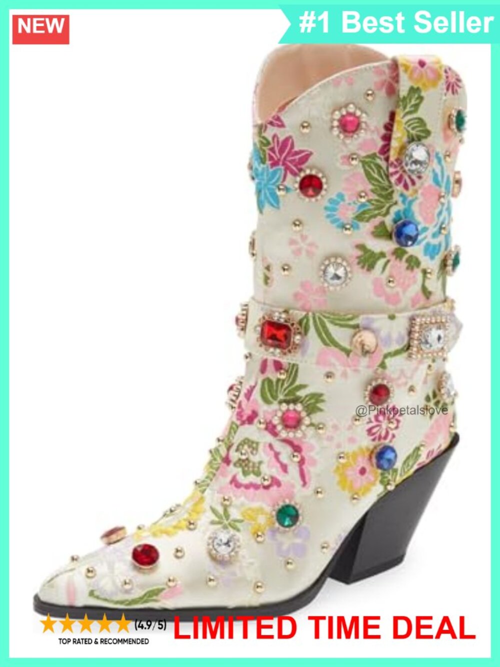 Western Cowboy Boots Women Flower Embroidered Rhinestone Mid Calf Pointed Toe